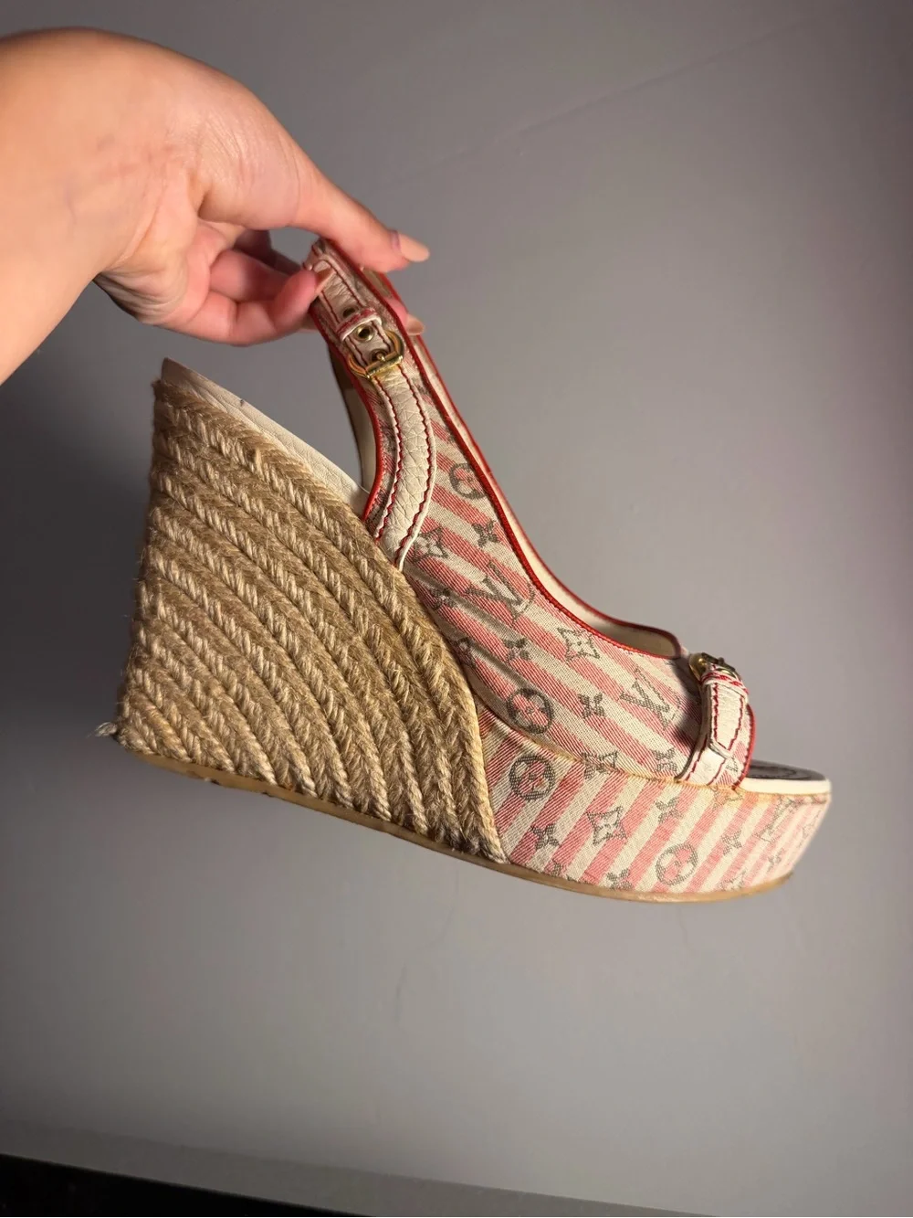 Louis Vuitton Pink Stripe Monogram Espadrille Wedges